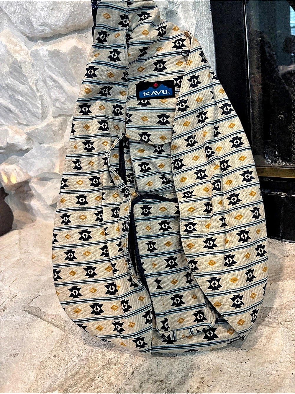 KAVU Rope Bag Geometric Pattern Backpack in Cream & Blue